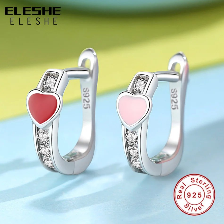 ELESHE Red Enamel Heart Small Stud Earrings Cubic Zirconia 925 Sterling Silver Earrings For Girls Child Kids Silver Jewelry Gift