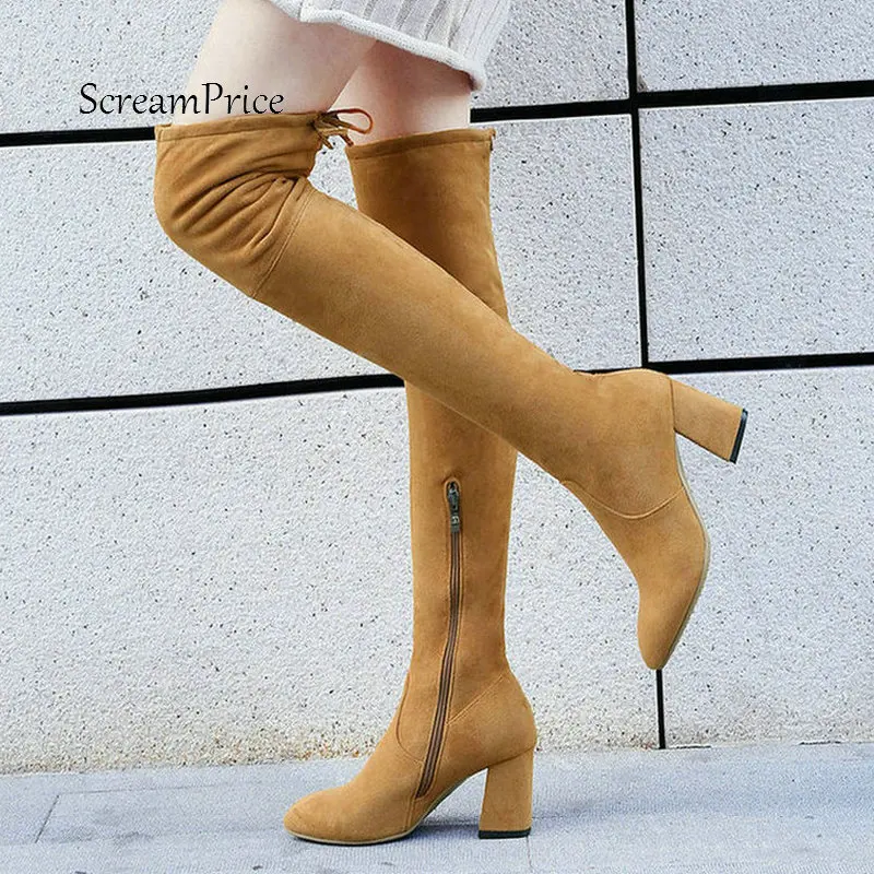

Women Faux Suede Thick High Heel Over The Knee Boots Fashion Lace Up Side Zipper Elastic Boots Black Gray Brown