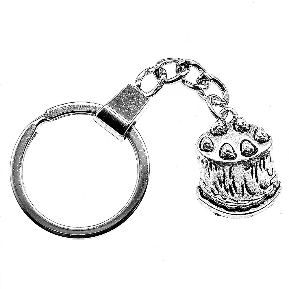 

Women Jewelry Gift Key Chain New Fashion Metal Key Chains Antique Silver 24x18mm Birthday Cake Charm Key Rings