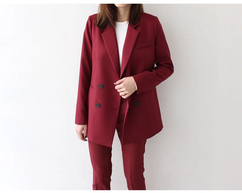 New Autumn Suit 2019 Double-row Button Bottom Pants Suit Notched Button Double Breasted Solid Long Black Jackets Coat Women New Autumn Suit 2019 Double-row Button Bottom Pants Suit Notched Button Double Breasted Solid Long Black Jackets Coat Women