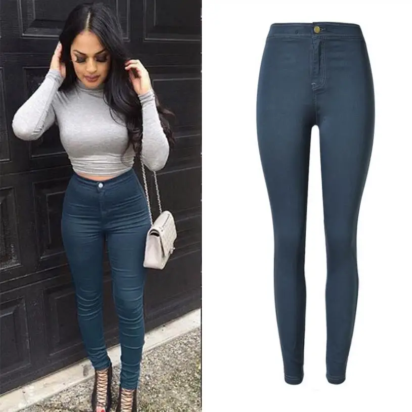 2016 Spring European and American popular waist Slim stretch denim pants feet new color blue and