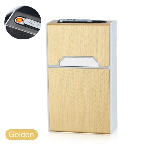 Metal Cigarette Case Box with USB Lighter 20pcs Capacity Waterproof Cigarette Holder Electronic Lighter Electric Gadgets for Men - Цвет: Golden