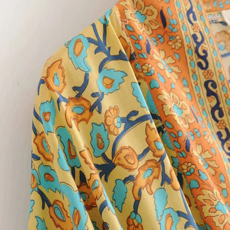 Cena GYPSY Boho Chic lato plaża w stylu Vintage kwiatowy Print Sashes długi Kimono kobiety modny kardigan luźne bluzki Casual Blusas Mujer