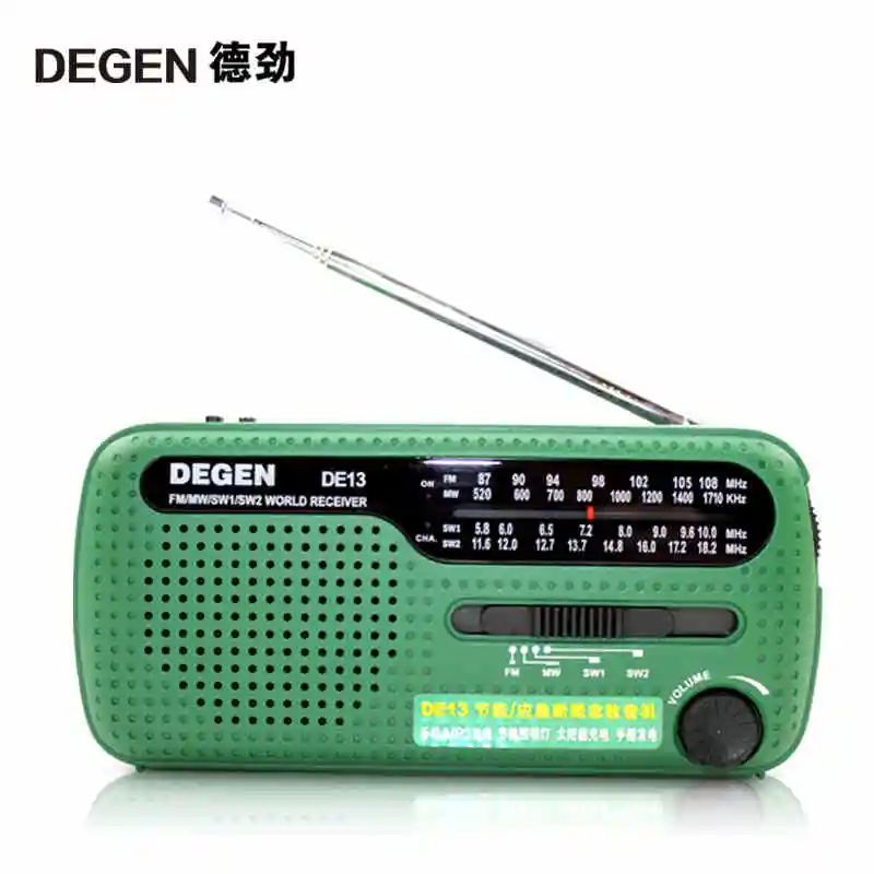 

Degen Portable Mini FM Radio DE13 FM MW SW Crank Dynamo Solar Emergency Radio World Receiver with Flashlight