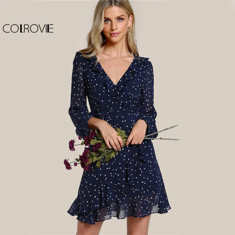 COLROVIE Star Print Ruffle Sweet Dress Women Navy Frilled Surplice Wrap Summer Dress Fashion Flutter Sleeve Elegant Dress