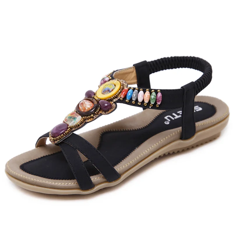LAKESHI/Летняя обувь; женские пляжные сандалии; Вьетнамки в богемном стиле, украшенные цветами и стразами; женская обувь; повседневные сандалии на плоской подошве - Цвет: 148-a8-Black