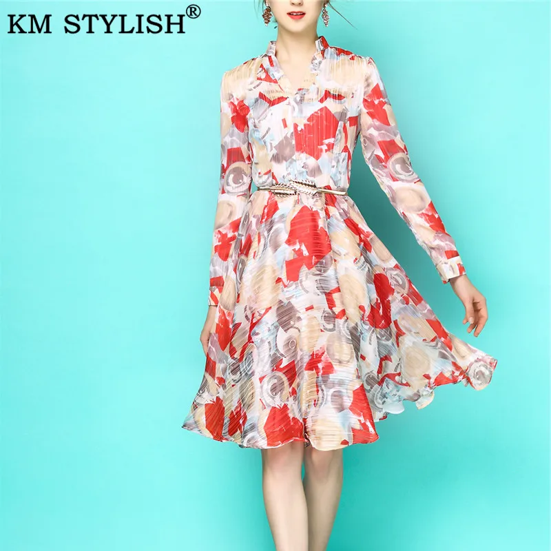

2019 Early Spring New Women's Apparel Elegant Bright Silk Chiffon V-neck Print Big Swing Long Sleeve Fairy Lady One-piece Dress