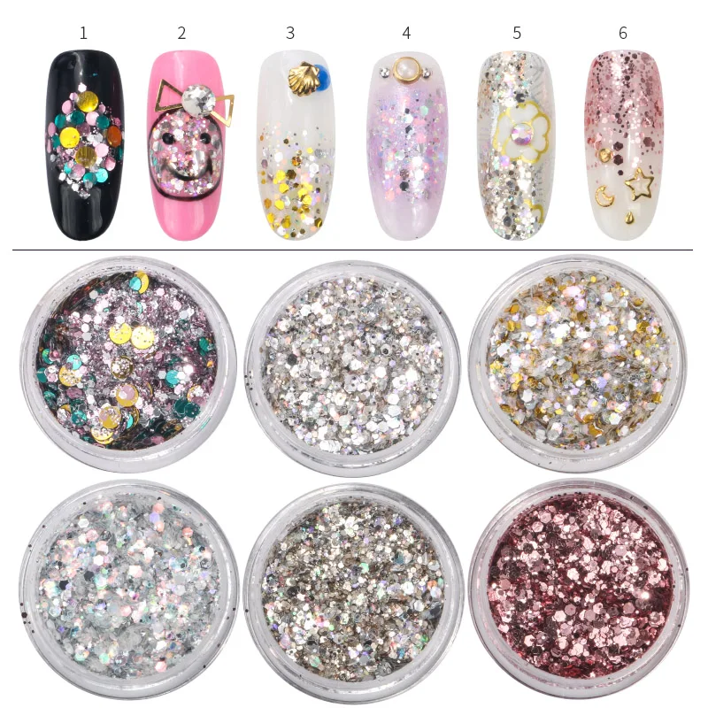 

6 boxes/Set Mix Size Nail Art Glitter Powder Hexagon Sequins Dust Nail Glitter Manicure Nail Craft Decorations Accessories Tools