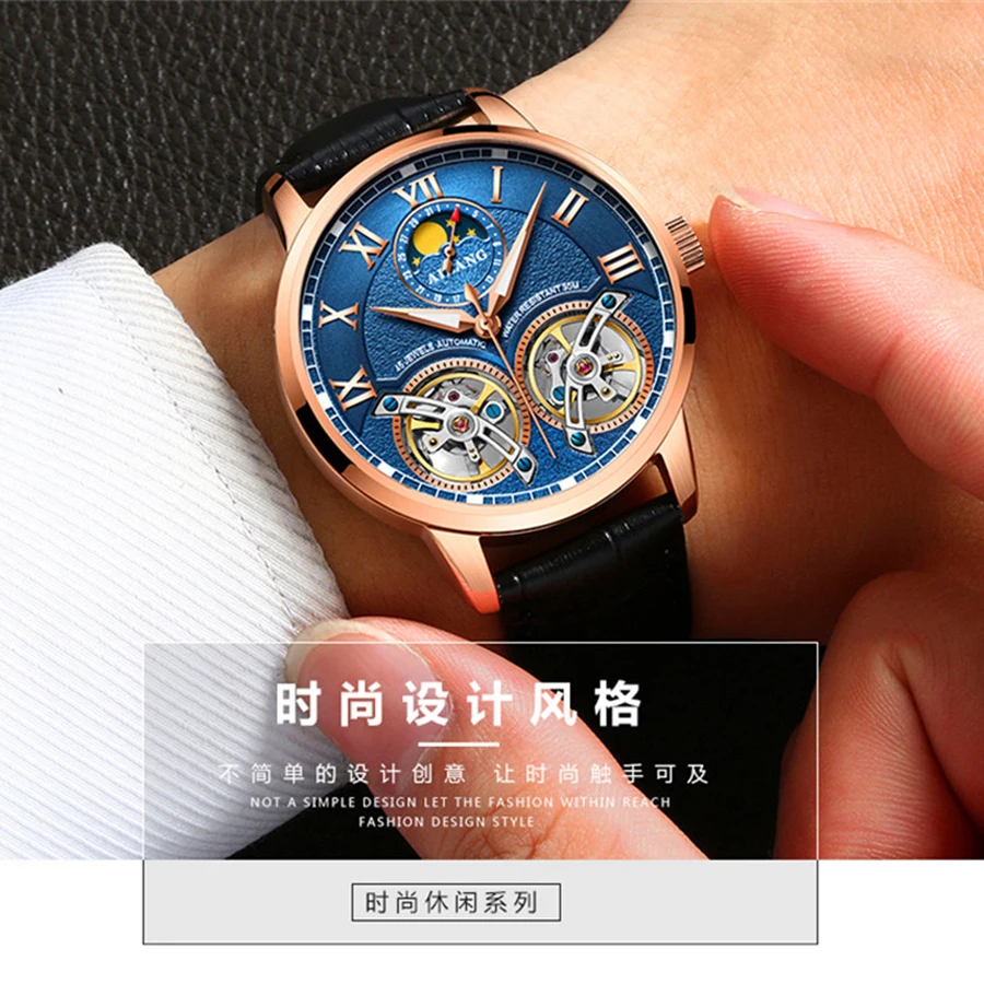AILANG الهيكل العظمي مزدوج توربيون الأزياء الفاخرة العلامة التجارية الرجال توربيون التلقائية الميكانيكية ووتش رجال الرياضة للماء الساعات