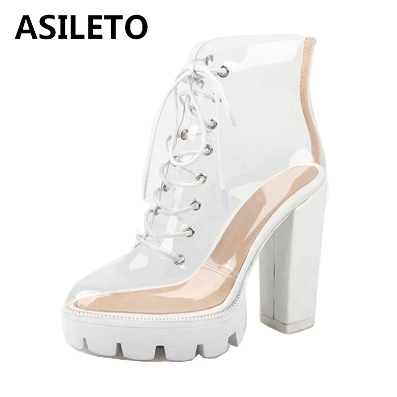 

ASILETO Spring Summer Boots Women PVC ankle Boots Block high heels High platform Transparent Clear bootied lace up botas mujer
