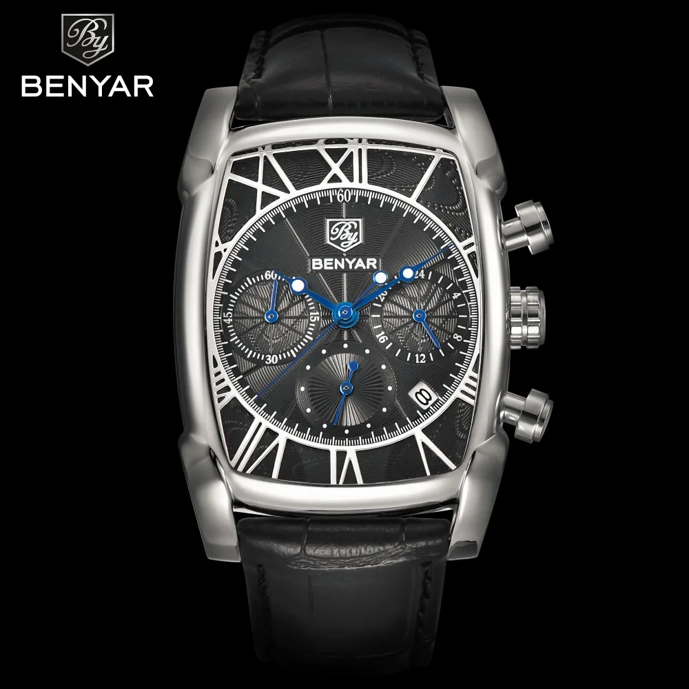BENYAR Chronograph Men's Watches Classic Rectangle Waterproof Leather