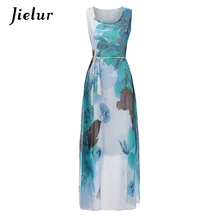 Jielur Cinto Vintage Impressão Mulheres Vestidos de Verão 2018 Sem Mangas Boho Vestido Longo Feminino S-XL Elegante Chiffon vestido de Verão Dropshipping