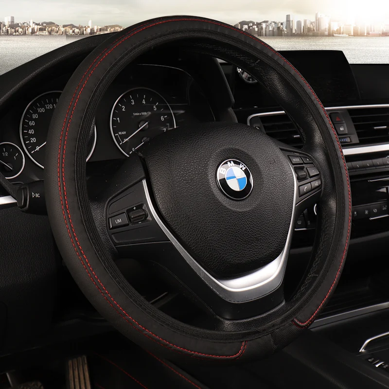 KKYSYELVA 38cm Auto Steering-Wheel Black Car Styling Steering Wheel Cover Leather Steering Covers Car Interior Accessories KKYSYELVA 38cm Auto Steering-Wheel Black Car Styling Steering Wheel Cover Leather Steering Covers Car Interior Accessories