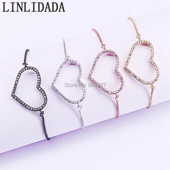 

10Pcs Micro Pave Clear CZ Charm Hollow Heart slide copper box chain Bracelets for Women Girl Gift