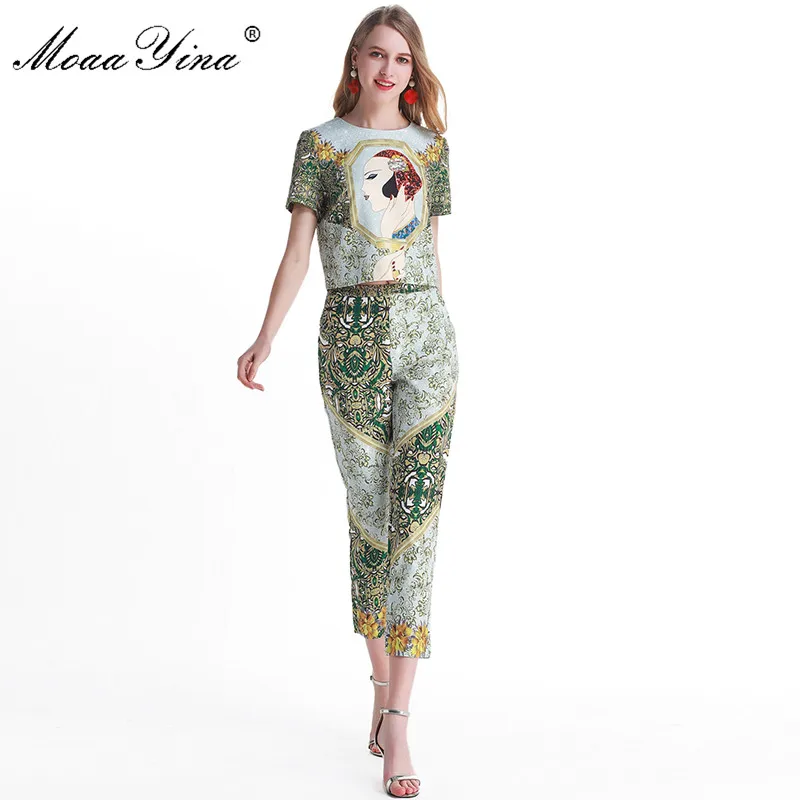 

MoaaYina Fashion Designer Set Spring Summer Women Short sleeve beauty Print Sweet Elegant Shirt Tops+Pencil pants Two-piece suit