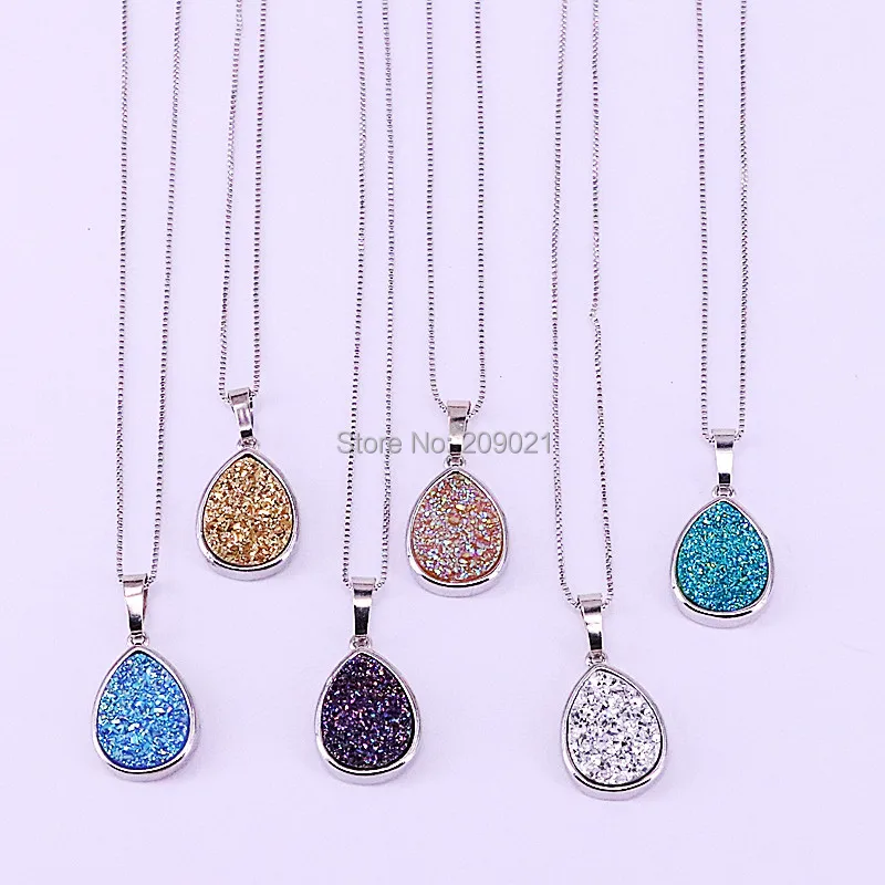 

8Pcs Trendy Natural Stone Pendant Necklace Women Jewelry Water Drop Quartz Drusy Gems Necklaces