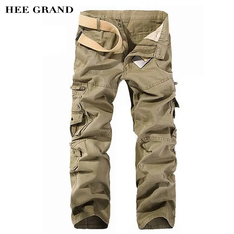 

HEE GRAND Men Cargo Pants 2018 New Casual Loose Style 100% Cotton Material Multi-pockets Design Trousers Plus Size 28-40 MKX1348