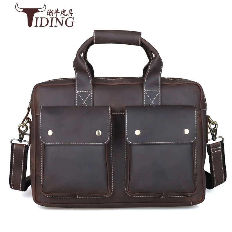 

Brand Top Grade Male Men's Vintage Real Crazy Horse Leather Briefcase Messenger Shoulder Portfolio Laptop Bag Case Handbag 15"