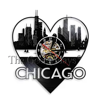 

Chicago Illinois of United States Vinyl Record Wall Clock Chicago City Skyline Wall Art Minimalist Room Decor Geography Clock