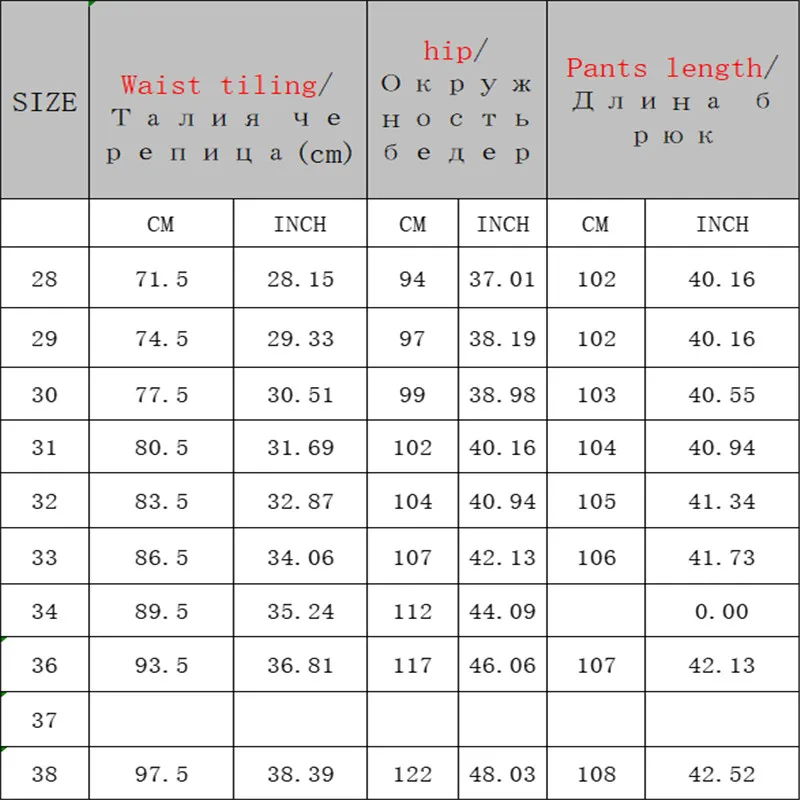 2019PANTS SIZE