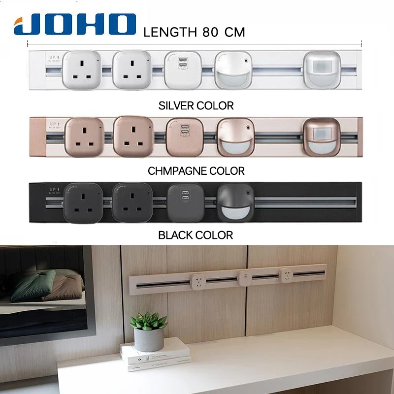 

JOHO 80CM Socketbar Aluminum Universal Standard EU Plug Socket Silver Black Champagne 8000W Home Fittings Outlet Panel 250V