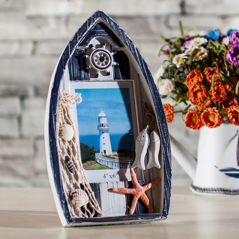 Винтаж 6 дюймов под дерево с изображением голубого деревянного Семья рамка для фотографий в средиземноморском стиле Стиль лодка Форма Арт Декор для дома