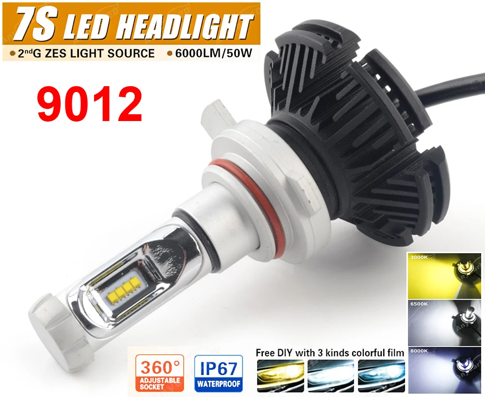 1 Set 9012 HIR2 7S LED Headlight 50W 6000LM LUMILED LUXEON ZES 2nd Chips Fanless All