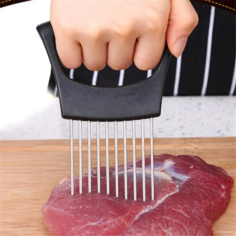 1PC Easy Cut Onion Holder Fork Stainless Steel+Plastic Vegetable Slicer ...