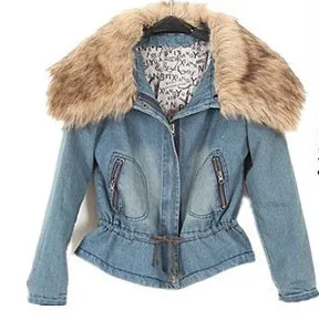 2016 winter New Women s Water Wash Large Collar Drawstring Design Denim Cotton padded Jacket Women
