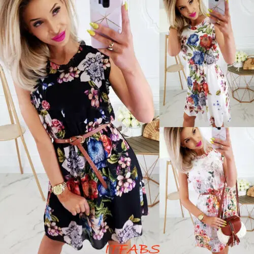 

Women Boho Floral Short Mini Dress Sleeveless Ladies Summer Sundress High Waist Female Holiday Beach Dress