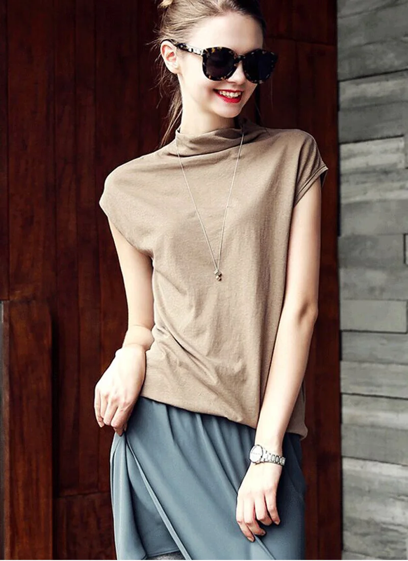 women fashion Summer Basic solid sleeveless T-shirt women autumn Tops Tees cotton turtleneck t shirt women camisetas mujer D122