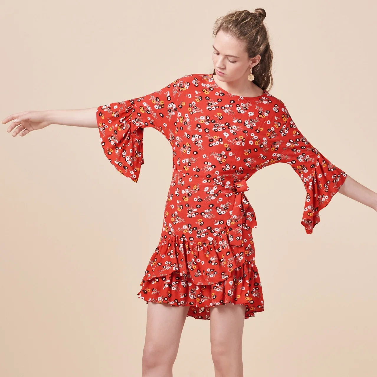 

Women Dress Red Floral Print Horn Sleeves Ruffled Soft Silk Crepe Dress
