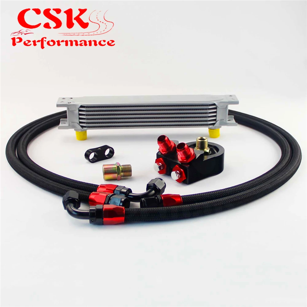 7 Row 10AN Universal Aluminum Engine Transmission Oil Cooler+Filter Adapter Kit