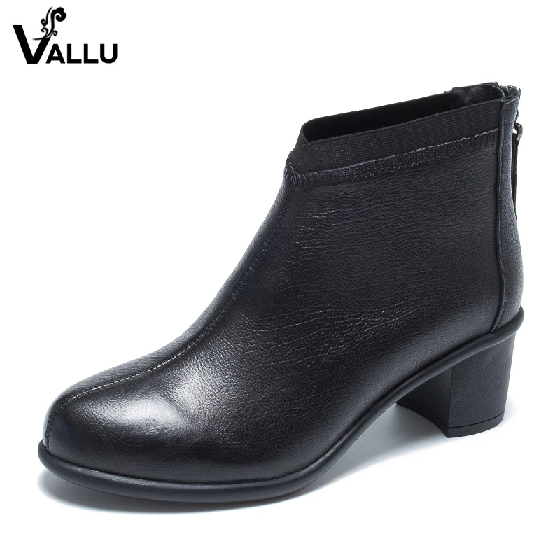 

2018 Ladies Fashion Shoes Ankle Boots High Heels Back Zipper Genuine Leather Round Toes Block Heels Women Black Boots