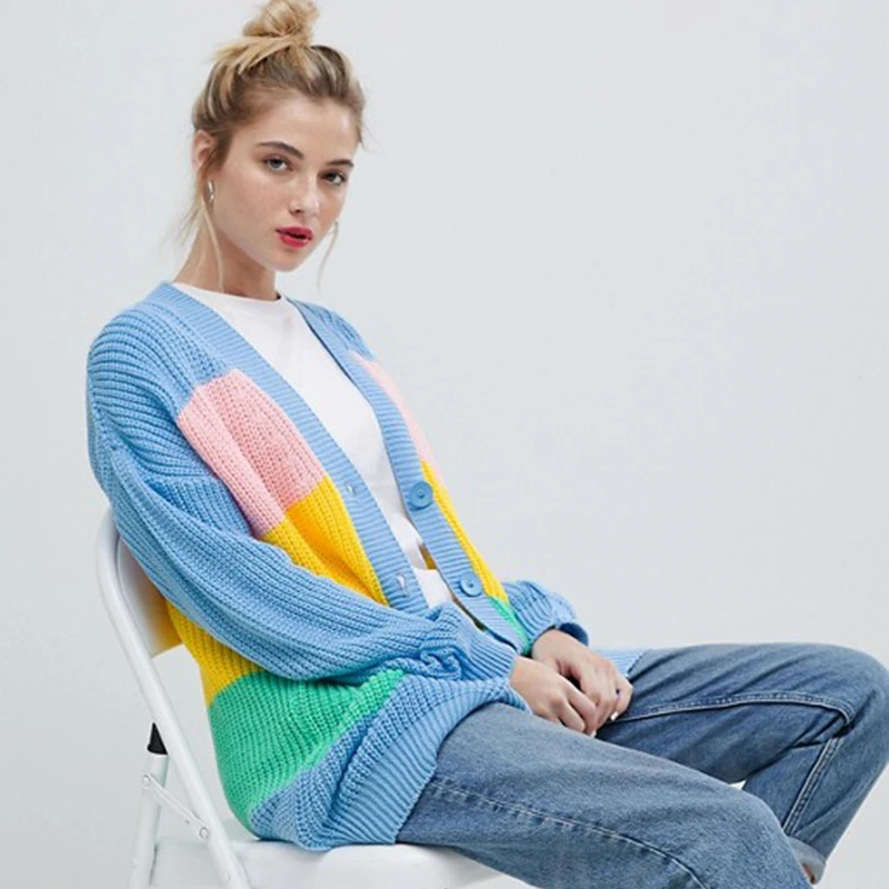 

2019 Autumn Winter Women Sweaters Casual Striped Patchwork Knitted Long Cardigans Single Breasted Loose Rainbow Sweaters
