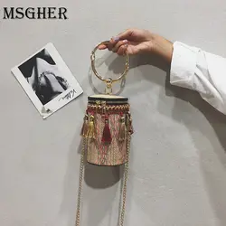MSGHER новые модные летние сумки высокого качества соломенная сумка Для женщин Сумка круглая сумка ручной металлическое кольцо кисточкой