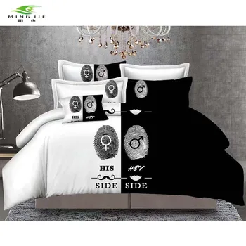 

New Beddings Black&white Her Side His Side fingerprint bedding sets duvet cover set with pillow case 3 Pcs EU US Queen Size line