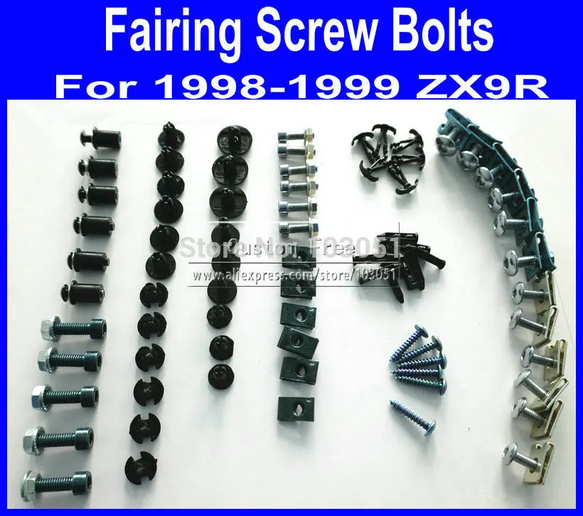 

Cheap Motorcycle Fairing common screw bolts kit for KAWASAKI 1998 1999 ZX9R 98 99 ZX 9R aftermarket black fairings bolt screws p