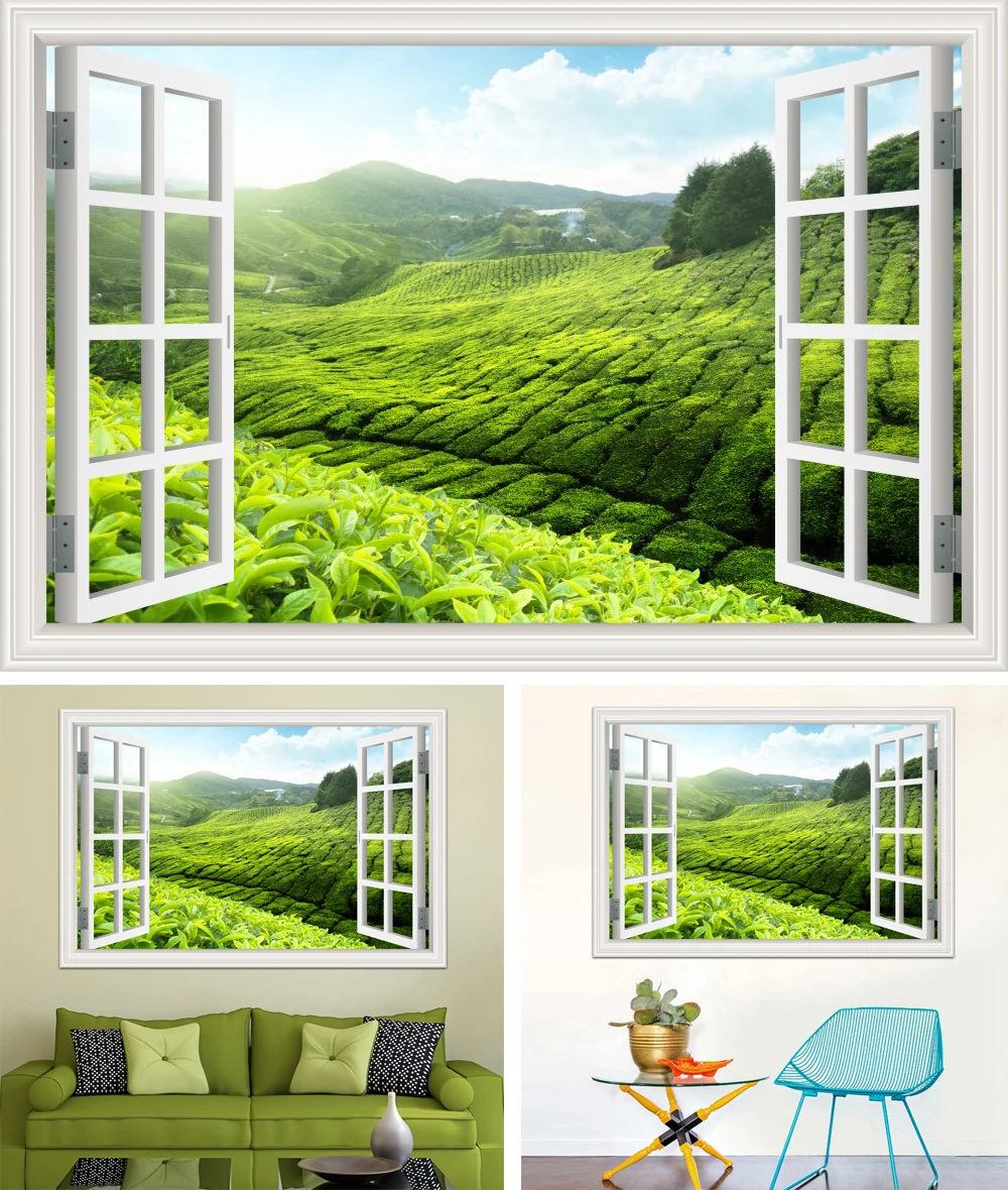 3d оконная Современная наклейка, наклейка на стену, зеленый чай, пейзаж, обои, ПВХ виниловая настенная живопись, кухня, украшение для дома, аксессуары