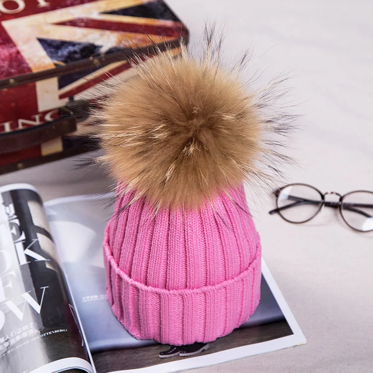 

15CM Pompom Women Knitted Fur Cap women cap racoon fur ball hat woollen cap female thick warm Beanies Headgear autumn winter