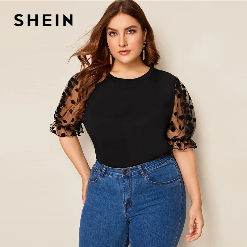 SHEIN زائد حجم أسود السويسري نقطة شبكة كم قمة صلب المحملة 2019 المرأة الصيف عارضة نصف نفخة كم التباين شبكة يا الرقبة قميص SHEIN زائد حجم أسود السويسري نقطة شبكة كم قمة صلب المحملة 2019 المرأة الصيف عارضة نصف نفخة كم التباين شبكة يا الرقبة قميص