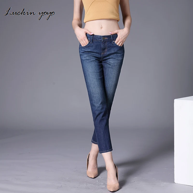 Women Casual Jeans High Waist Ankle Length Jeans Vintage Blue Mom Jeans ...