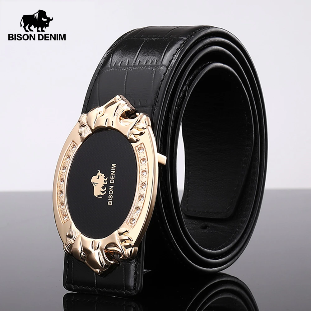 

BISON DENIM Genuine Leather Male Belt Alligator Pattern Luxury Strap Belts for Men Classic Fashion Slide Buckle men belt N71389