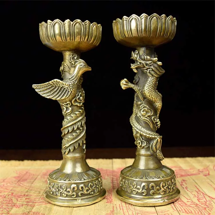 Chinese Handmade Fine Dragon And Phoenix Bronze Candlestick Pair | Дом и сад