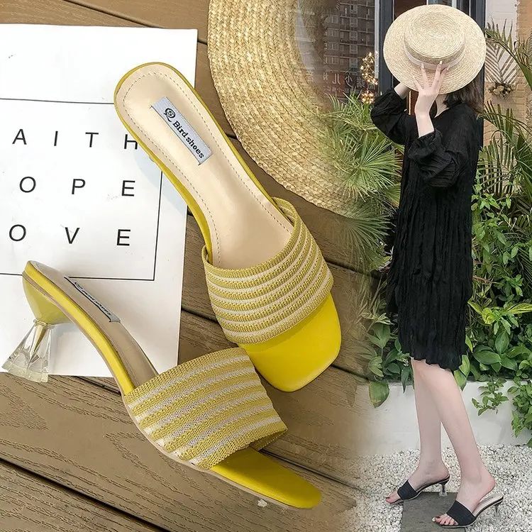 

Cover Toe Women's Slippers 2019 Slides Woman Shoes Luxury Heeled Mules Thin Heels Med Air Mesh Outdoor Loafers Square New
