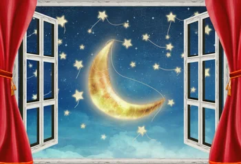 

Laeacco Shiny Moon Golden Star Window Curtain Party Decor Baby Portrait Photo Backdrops Photographic Backgrounds Photo Studio