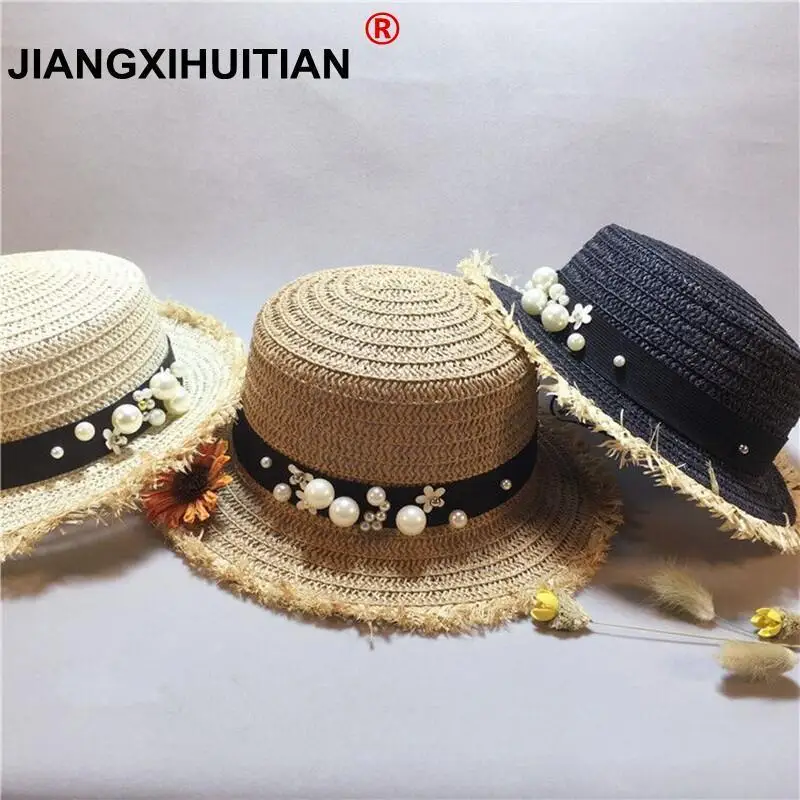 New Lady Boater Sun caps Ribbon Round Flat Top Straw Beach hat Panama Hat Summer Hats for Women Straw hat Snapback Gorras,3,Children Size