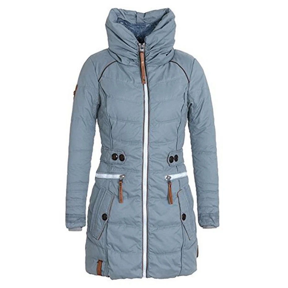 Women Winter Jacket Solid Turtleneck Zipper Pocket Long