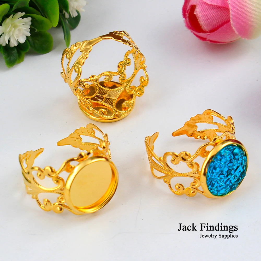 10pcs Fit 12mm Flowers Gold Plated Ring Base High Quality Ring Settings Cabochon Cameo Base New
