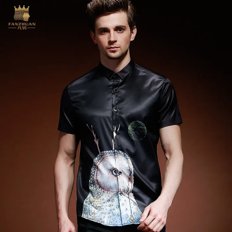 

FanZhuan Free Shipping New male men's 2018 summer short-sleeved owl design personality shirt Europe black printed shirt 812082